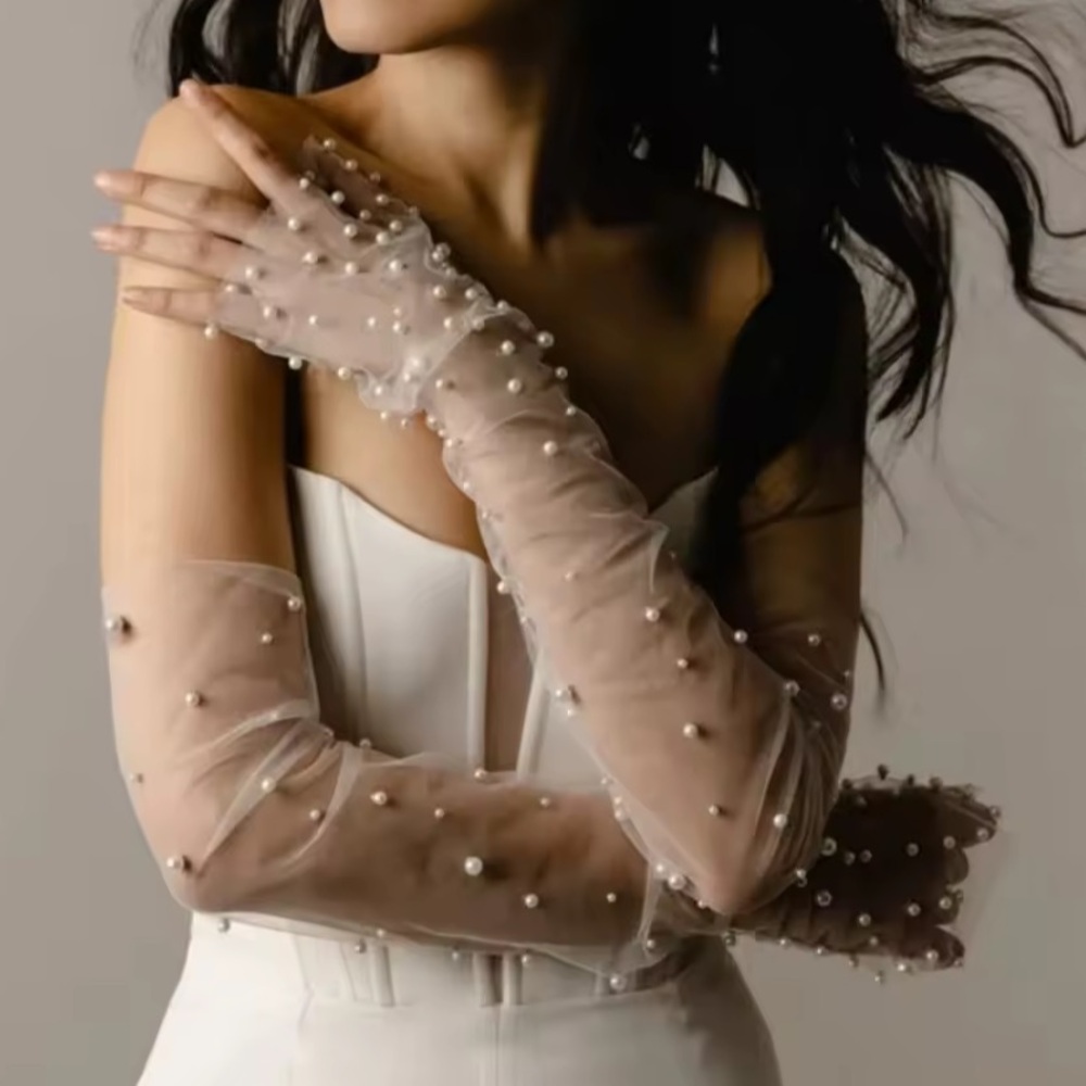 Sheer Pearl-Embellished Long Gloves - Nude